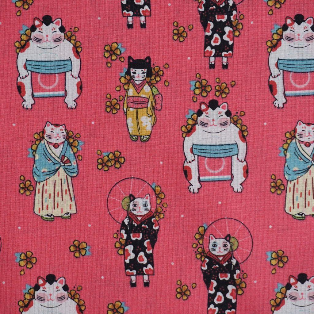 Baumwollstoff Motivdruck Katzen Japanstyle auf bonbonrosa